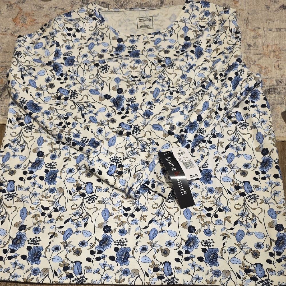 Floral Long Sleeve Top - Blue and White